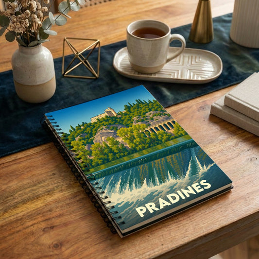 Carnet à spirales souvenir de la ville de Pradines avec une illustration stylisée d'un paysage fluvial.