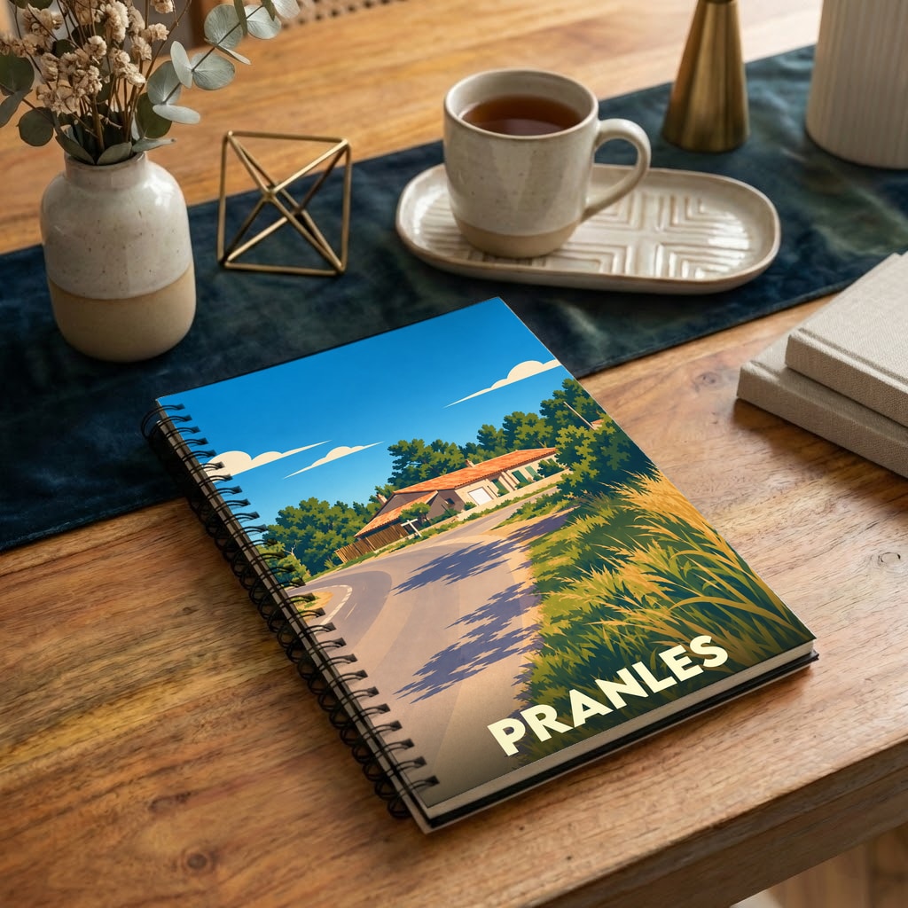 Carnet à spirales souvenir de la ville de Pranles avec une illustration stylisée d'un paysage provençal.
