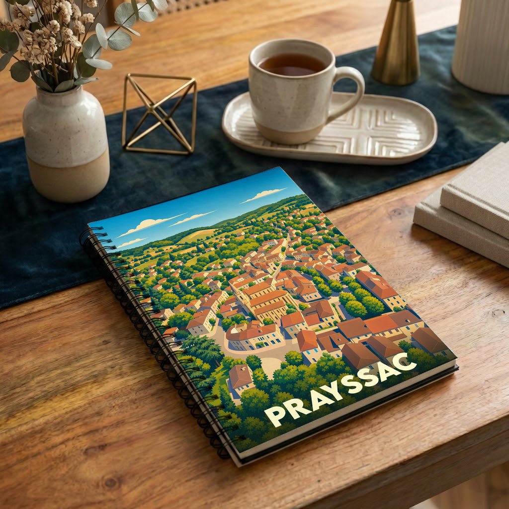 Carnet à spirales souvenir de la ville de Prayssac avec une illustration colorée vue du ciel.