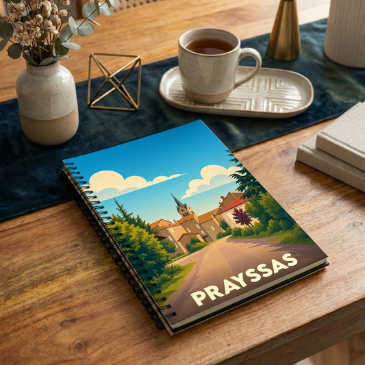 Carnet souvenir de la ville de Prayssas avec une illustration stylisée d'un paysage de village.