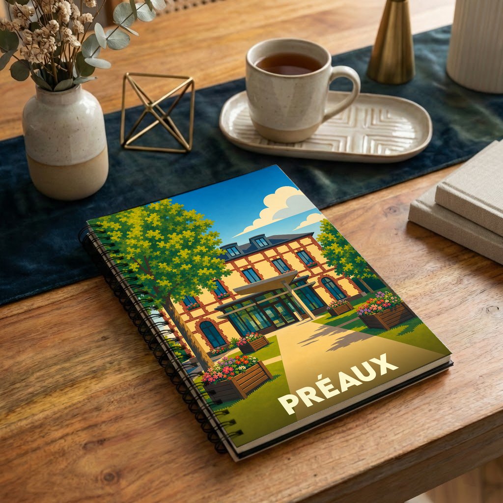 Carnet à spirales souvenir de la ville de Préaux avec une illustration colorée et stylisée d'un bâtiment emblématique.
