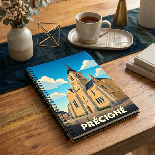 Carnet de notes souvenir de la ville de Précigné illustré par un dessin stylisé de son église sous un ciel azur.