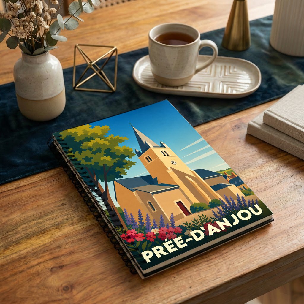 Carnet souvenir de la ville de Prée-d'Anjou avec une illustration stylisée de son église.