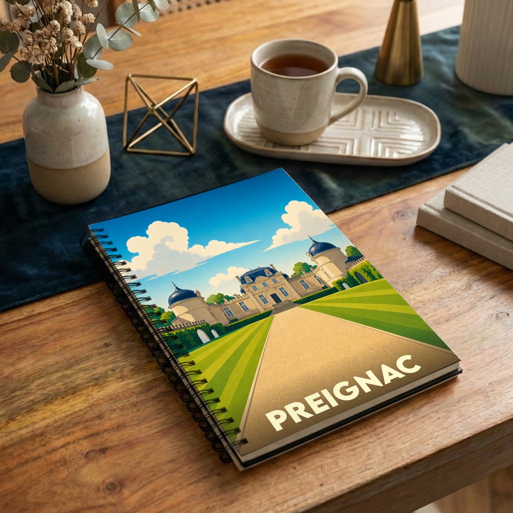 Carnet à spirales souvenir de la ville de Preignac avec une illustration stylisée d'un château.
