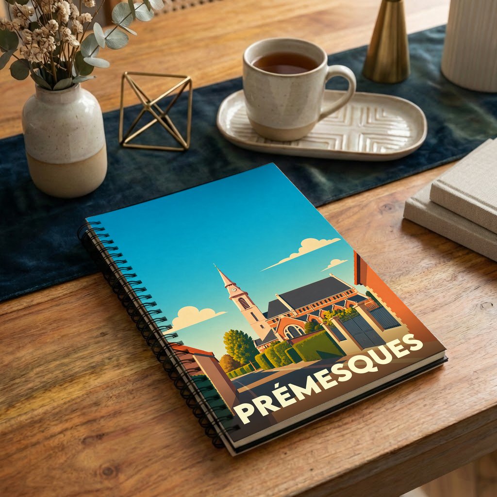 Carnet à spirales souvenir de la ville de Prémesques avec une illustration stylisée de son église.