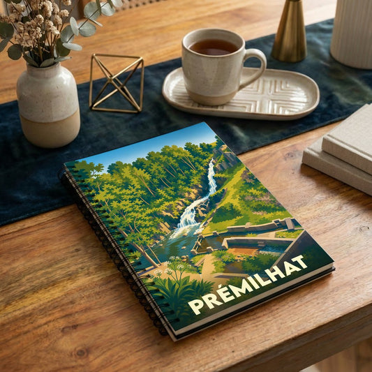 Carnet à spirale souvenir de la ville de Prémilhat illustré d'un paysage naturel stylisé avec cascade et forêt.