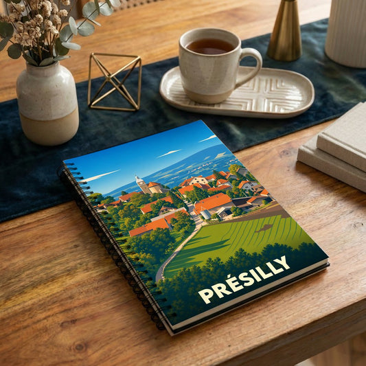 Carnet à spirale souvenir de la ville de Présilly avec une illustration stylisée de son paysage.
