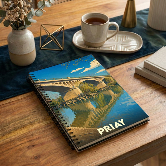 Carnet souvenir de la ville de Priay avec une illustration stylisée de son pont et de la rivière.