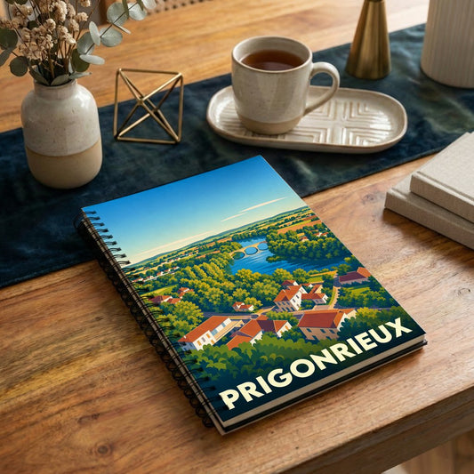 Carnet à spirales souvenir de la ville de Prigonrieux avec une illustration paysagère stylisée.