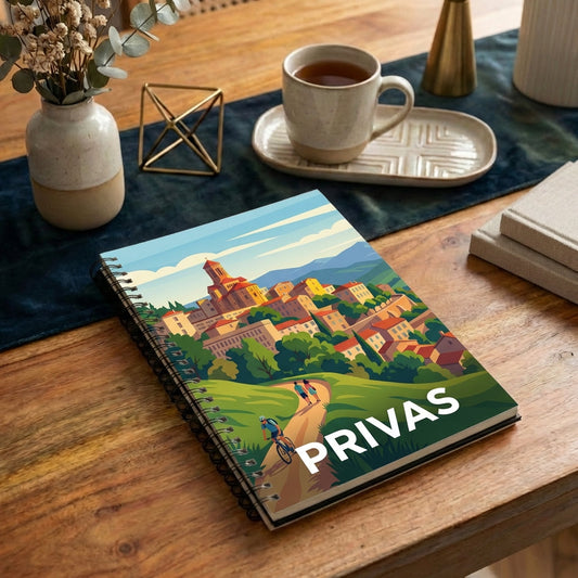 Carnet souvenir de la ville de Privas avec une illustration stylisée de ses paysages.