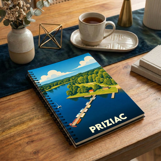 Carnet souvenir de la ville de Priziac avec une illustration stylisée d'un lac et son ponton.