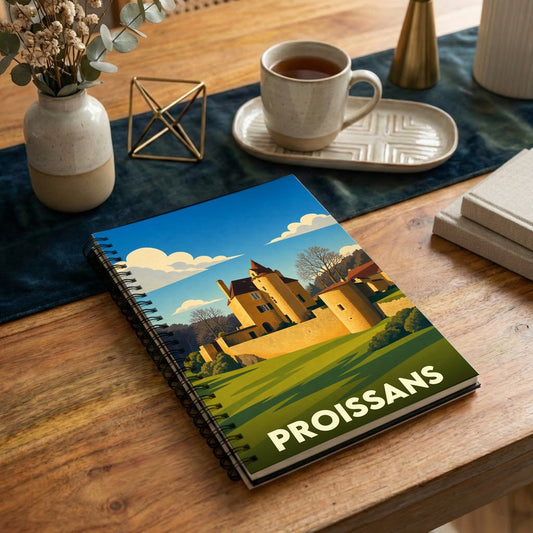 Carnet à spirales souvenir de la ville de Proissans avec une illustration stylisée de son château.