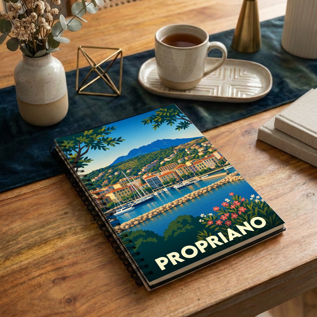 Carnet souvenir de la ville de Propriano avec une illustration stylisée de son port.