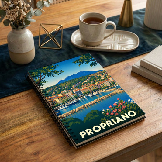 Carnet souvenir de la ville de Propriano avec une illustration stylisée de son port.