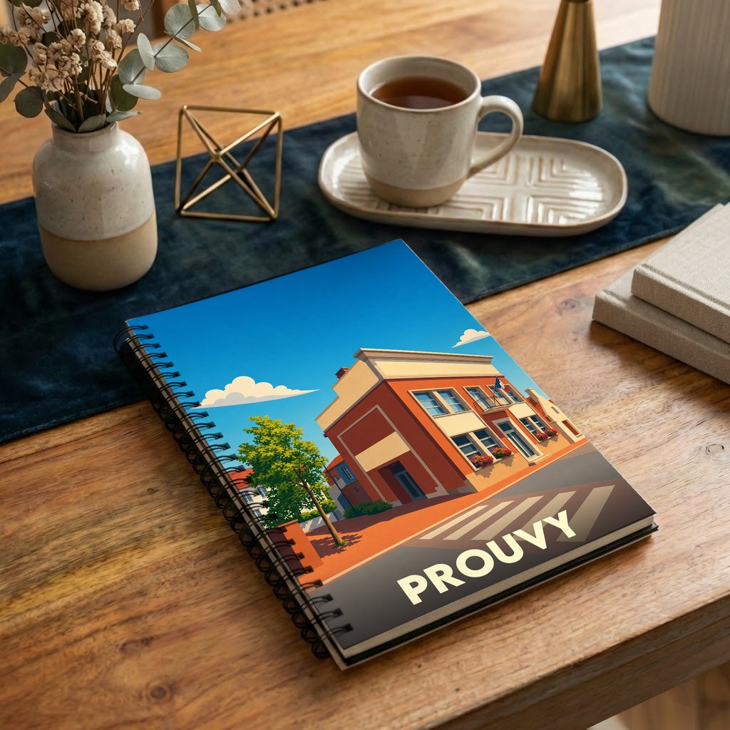 Carnet souvenir de la ville de Prouvy orné d'une illustration stylisée de son architecture.
