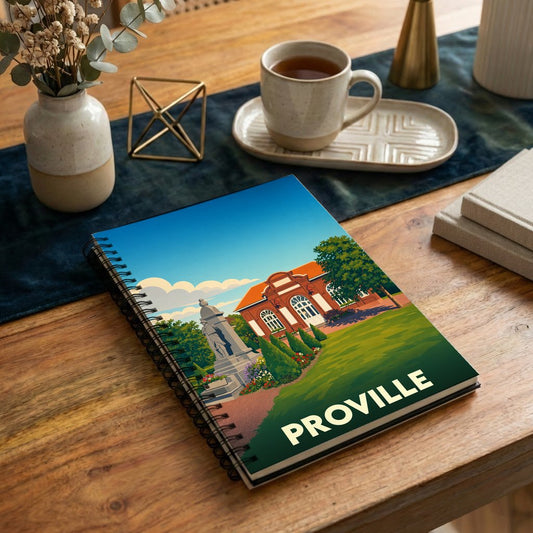 Carnet souvenir de la ville de Proville illustré d'un paysage urbain stylisé.