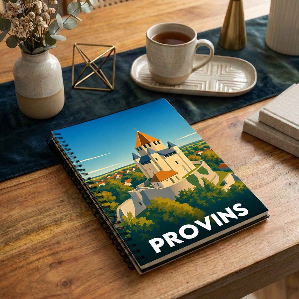 Carnet souvenir de la ville de Provins avec une illustration stylisée de son patrimoine médiéval.