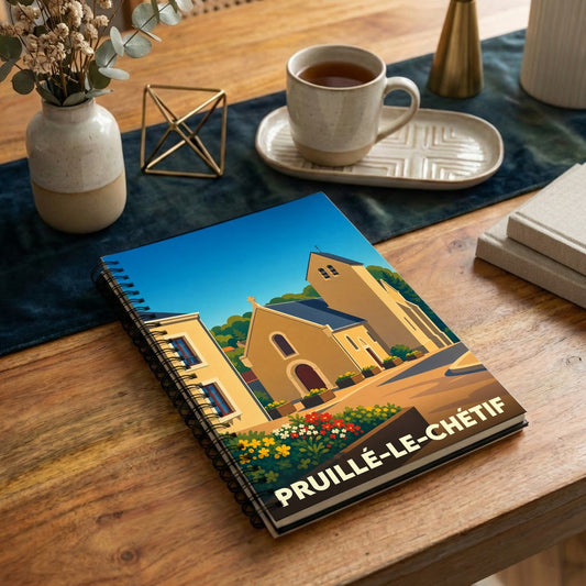 Carnet à spirales souvenir de la ville de Pruillé-le-Chétif avec une illustration stylisée de son église.
