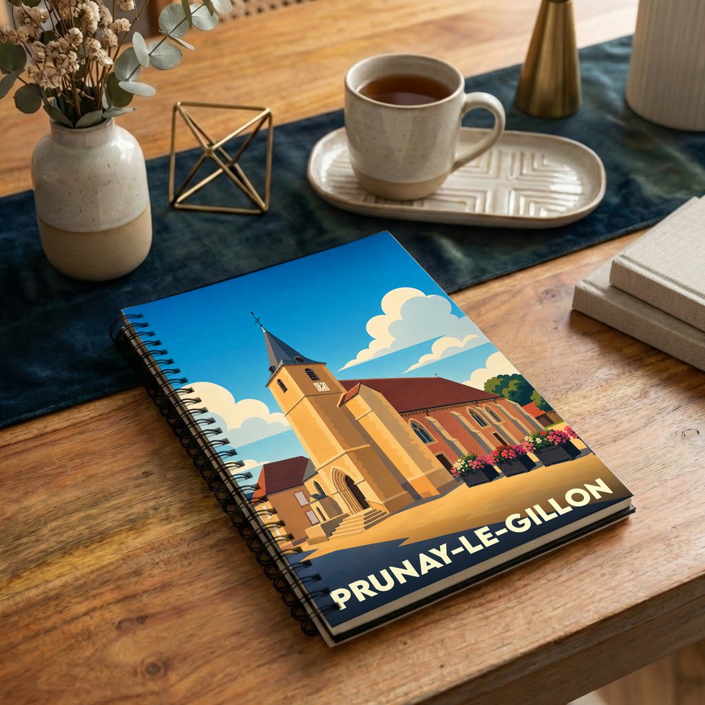 Carnet à spirales souvenir de la ville de Prunay-le-Gillon avec une illustration stylisée de son église.