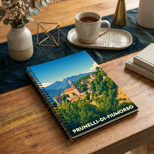 Carnet souvenir de la ville de Prunelli-di-Fiumorbo avec une illustration stylisée de son paysage vallonné.