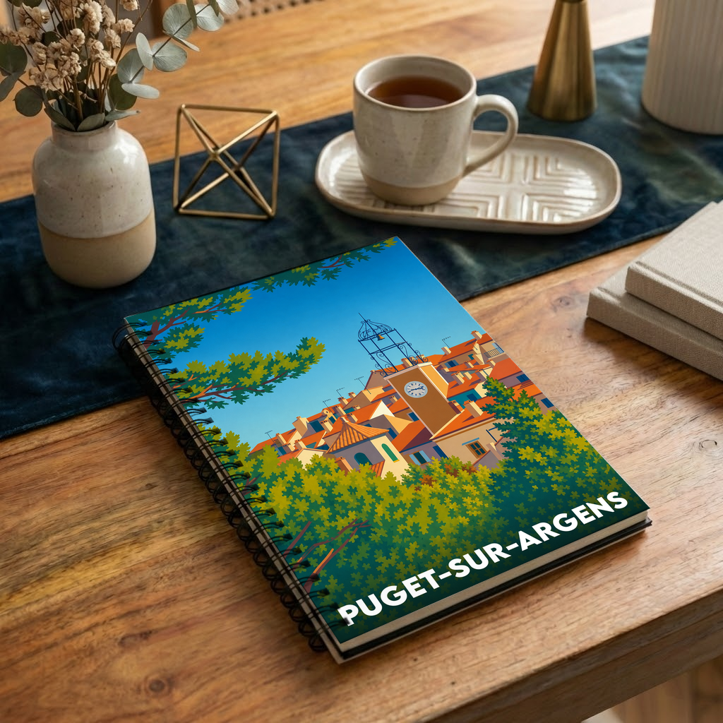 Carnet à spirales souvenir de la ville de Puget-sur-Argens avec une illustration stylisée de son clocher et de ses toits provençaux.