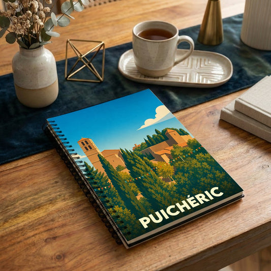 Carnet à spirales souvenir de la ville de Puichéric avec une illustration stylisée de ses paysages.