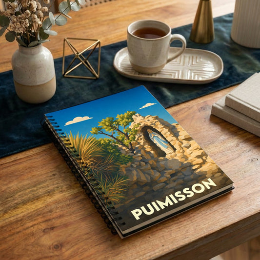 Carnet de notes souvenir de la ville de Puimisson avec une illustration stylisée d'une grotte religieuse.