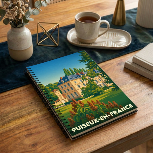 Carnet à spirales souvenir de la ville de Puiseux-en-France avec une illustration stylisée de son patrimoine.