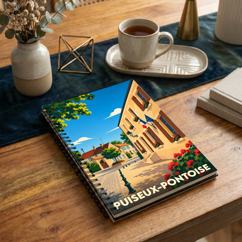 Carnet souvenir de la ville de Puiseux-Pontoise avec une illustration stylisée.