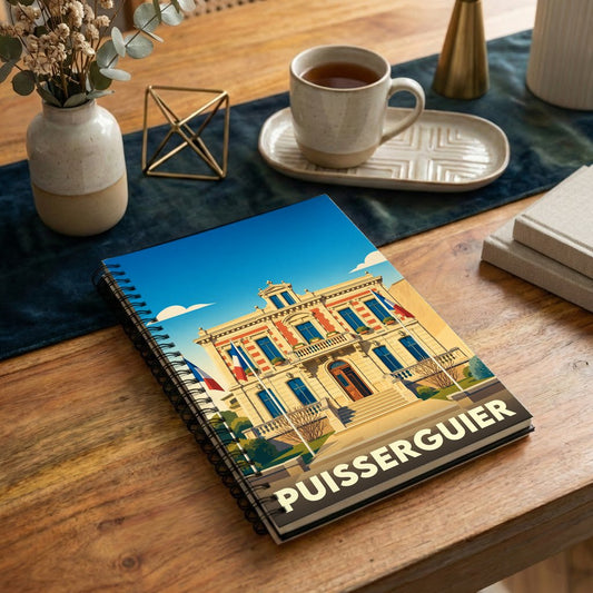 Carnet à spirales souvenir de la ville de Puisserguier avec une illustration stylisée de sa mairie.