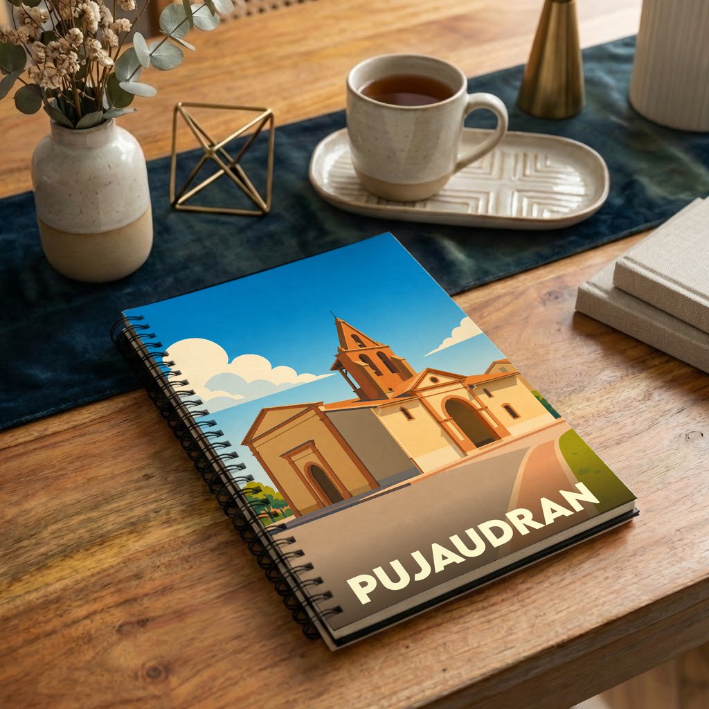 Carnet souvenir de la ville de Pujaudran avec une illustration stylisée de son église.