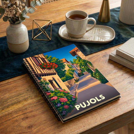 Carnet à spirales souvenir de la ville de Pujols avec une illustration stylisée et colorée.
