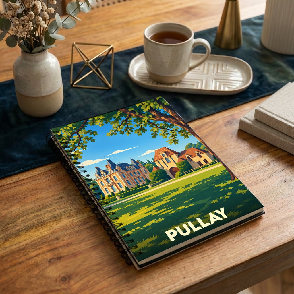 Carnet souvenir de la ville de Pullay illustré d'une scène de château stylisée dans un paysage verdoyant.