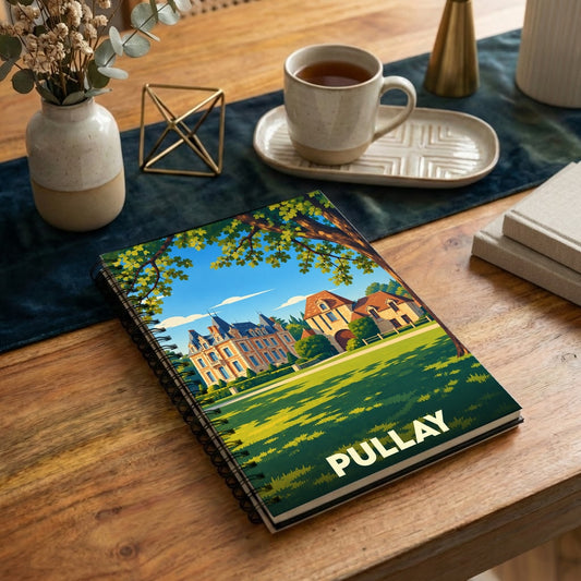 Carnet souvenir de la ville de Pullay illustré d'une scène de château stylisée dans un paysage verdoyant.