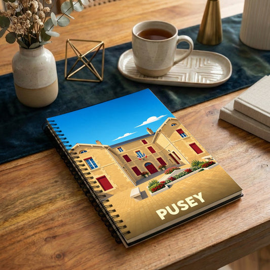 Carnet souvenir de la ville de Pusey avec une illustration stylisée de sa mairie.