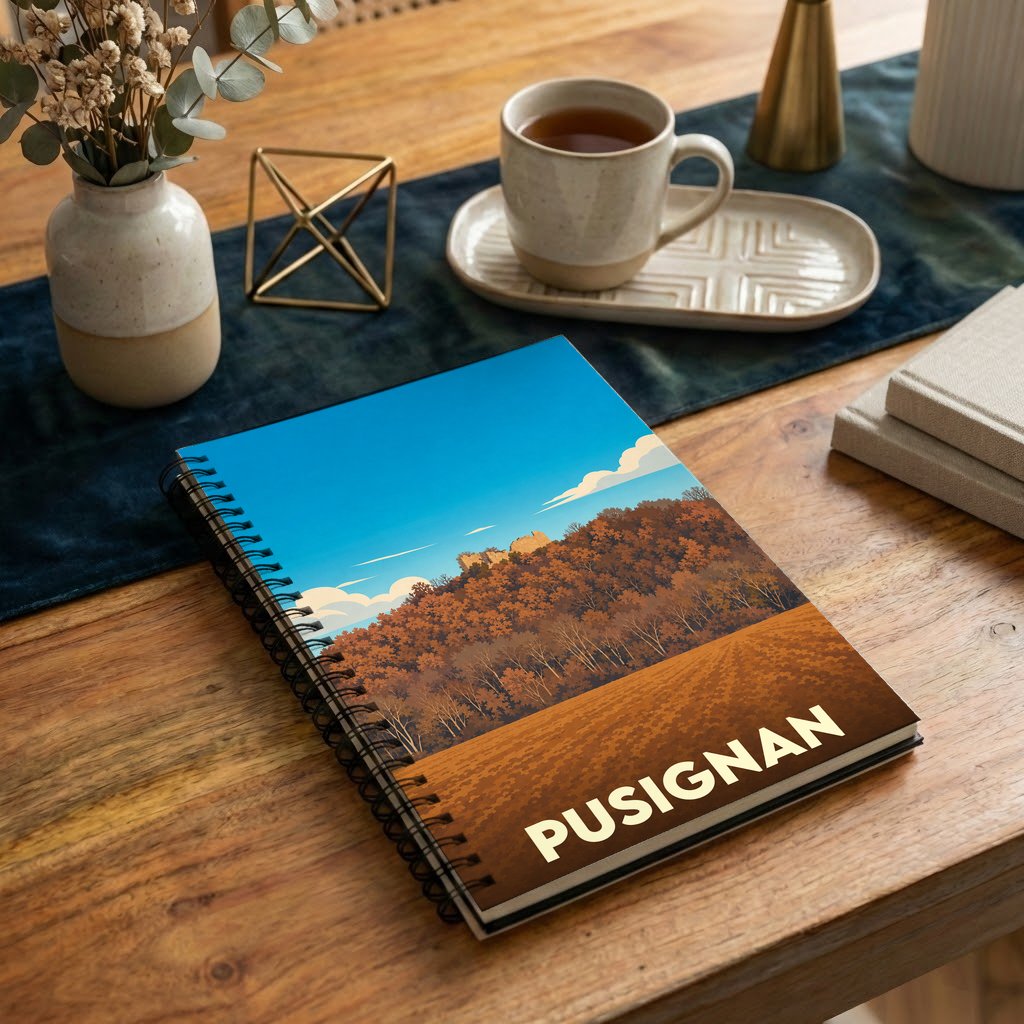 Carnet souvenir de la ville de Pusignan avec une illustration stylisée de son paysage et de son château.