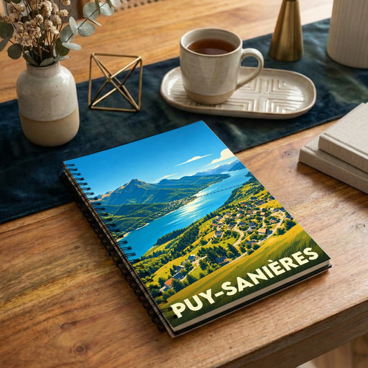 Carnet souvenir à spirale de Puy-Sanières illustré par un paysage de montagne et de lac au style épuré.