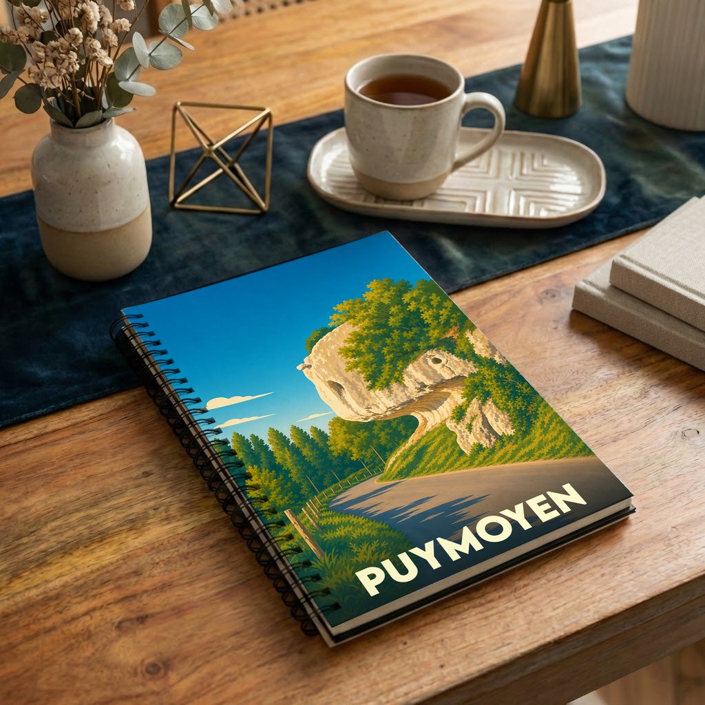 Carnet souvenir de la ville de Puymoyen avec une illustration stylisée de ses falaises.