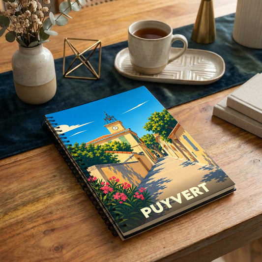 Carnet souvenir de la ville de Puyvert avec une illustration stylisée d'une rue ensoleillée.