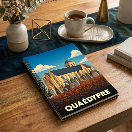 Carnet souvenir de la ville de Quaëdypre avec une illustration stylisée de son église et de son cimetière.