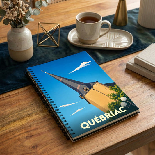 Carnet à spirales souvenir de la ville de Québriac avec une illustration stylisée de son église sous un ciel bleu.