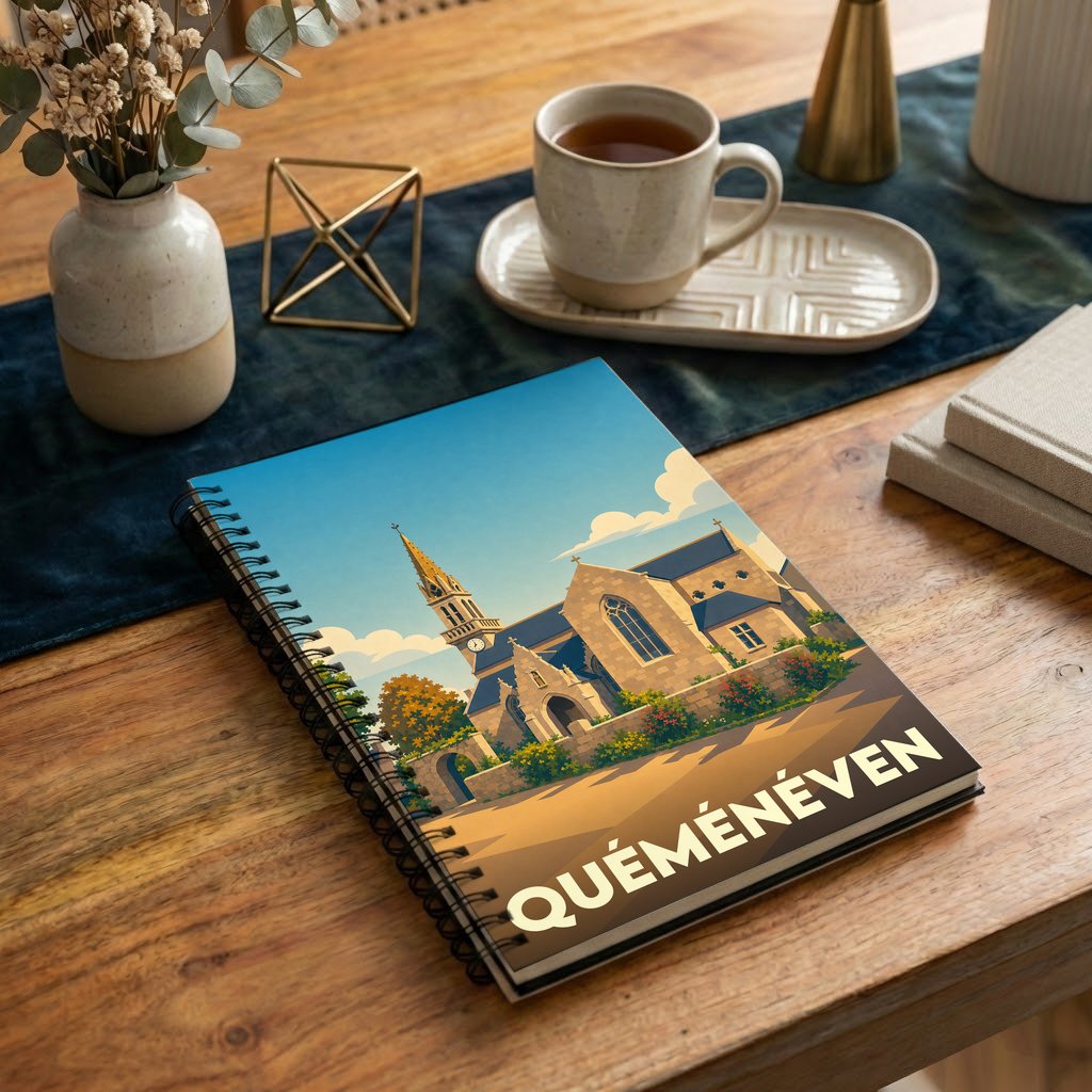 Carnet souvenir de la ville de Quéménéven illustré par une vue stylisée de son église.