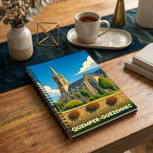 Carnet à spirale souvenir de la ville de Quemper-Guézennec illustré d'une vue stylisée de son église.