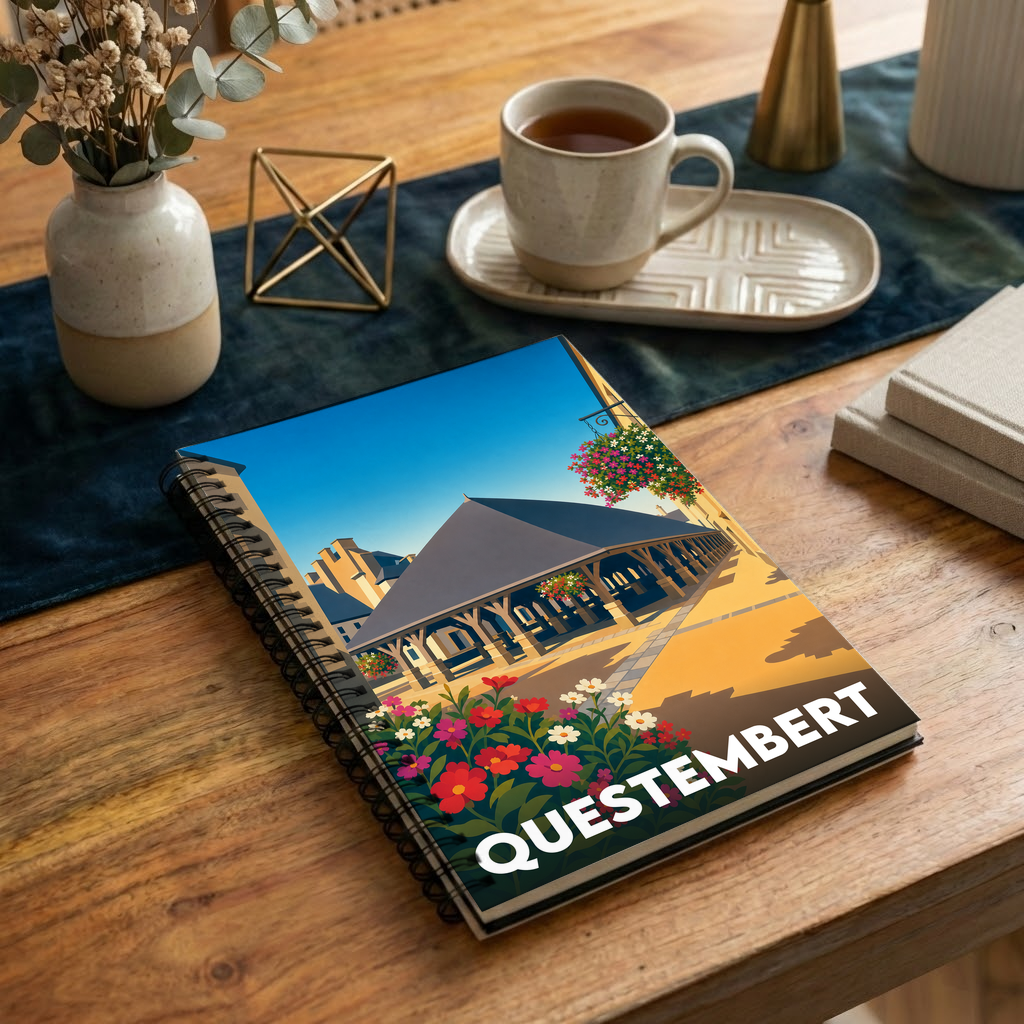 Carnet à spirales souvenir de la ville de Questembert avec une illustration stylisée de ses halles historiques.