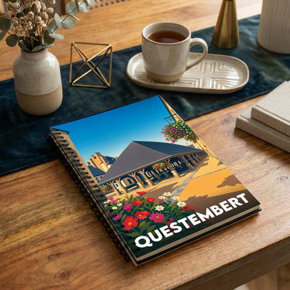 Carnet à spirales souvenir de la ville de Questembert avec une illustration stylisée de ses halles historiques.