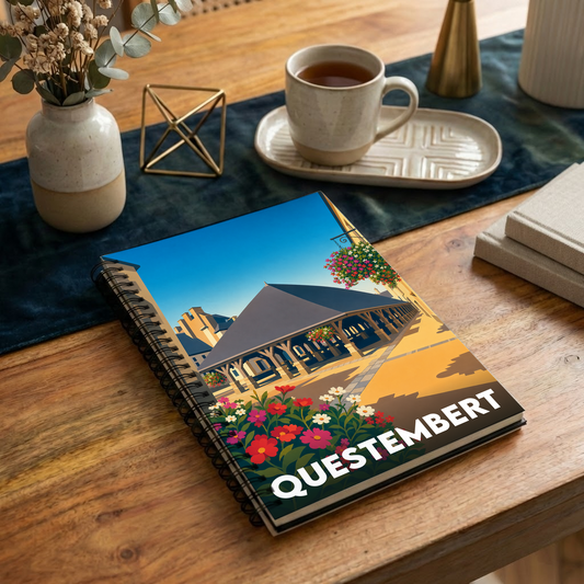 Carnet à spirales souvenir de la ville de Questembert avec une illustration stylisée de ses halles historiques.