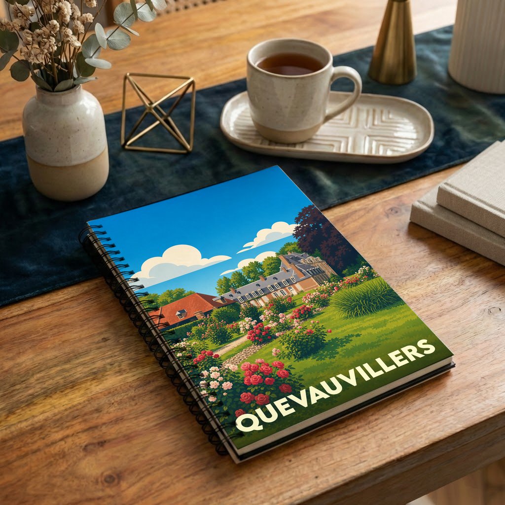 Carnet à spirales souvenir de la ville de Quevauvillers avec une illustration stylisée d'un manoir et de son jardin fleuri.