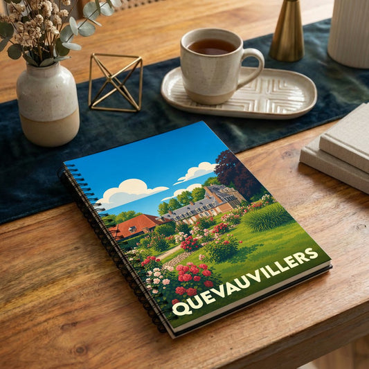 Carnet à spirales souvenir de la ville de Quevauvillers avec une illustration stylisée d'un manoir et de son jardin fleuri.