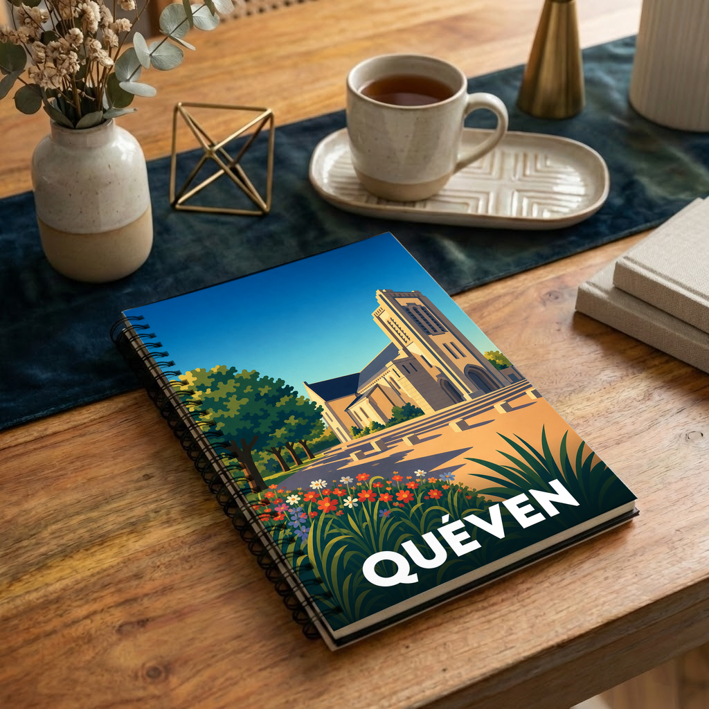 Carnet à spirales souvenir de la ville de Quéven avec une illustration stylisée de son église.