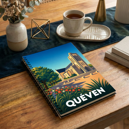 Carnet à spirales souvenir de la ville de Quéven avec une illustration stylisée de son église.